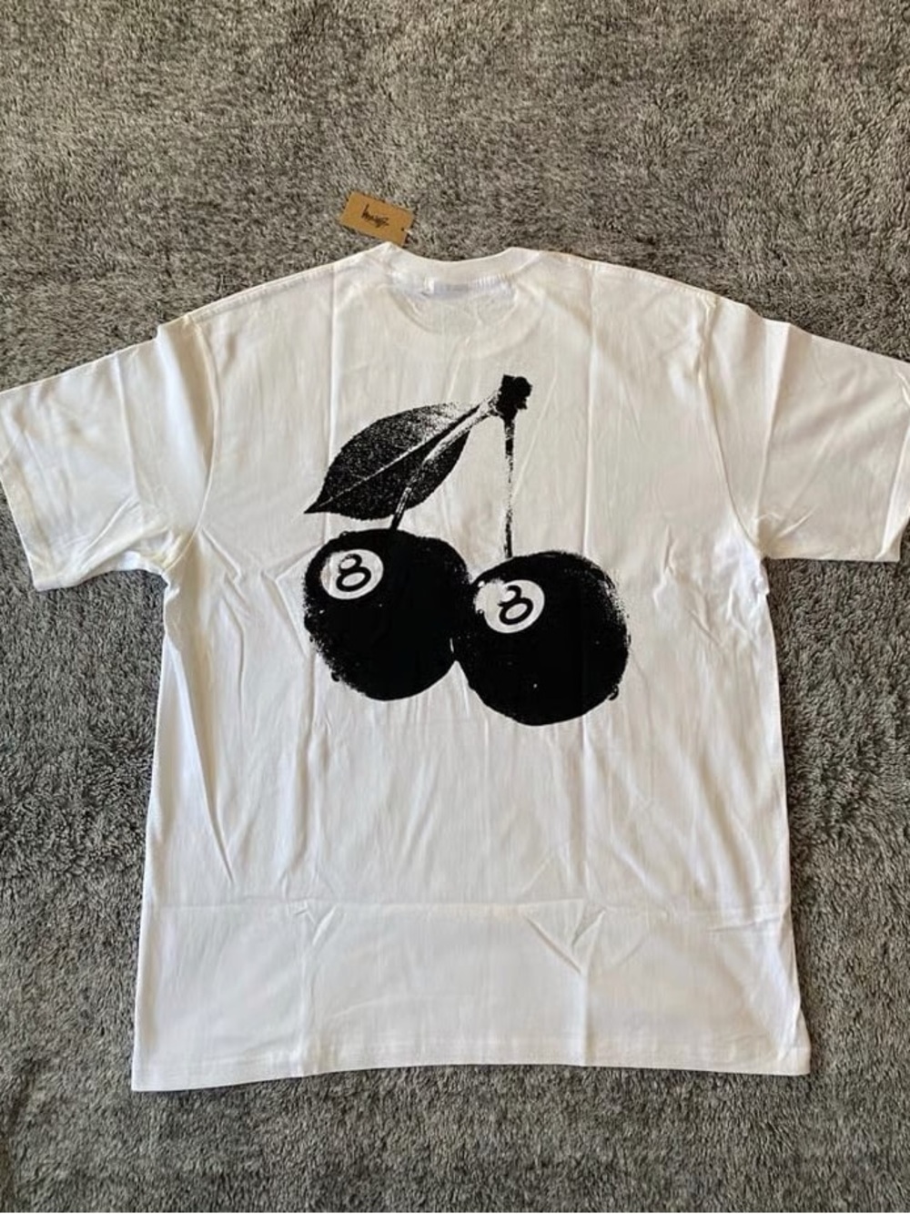 Stussy White Short-Sleeve Tee with Black 8-Ball Cherry Graphic